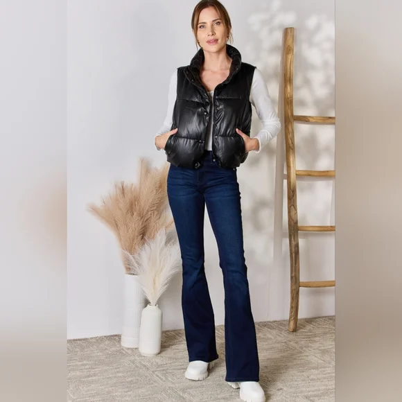 Love Tree Designer Black Faux Leather Snap and Zip Closure Puffy Vest Coat